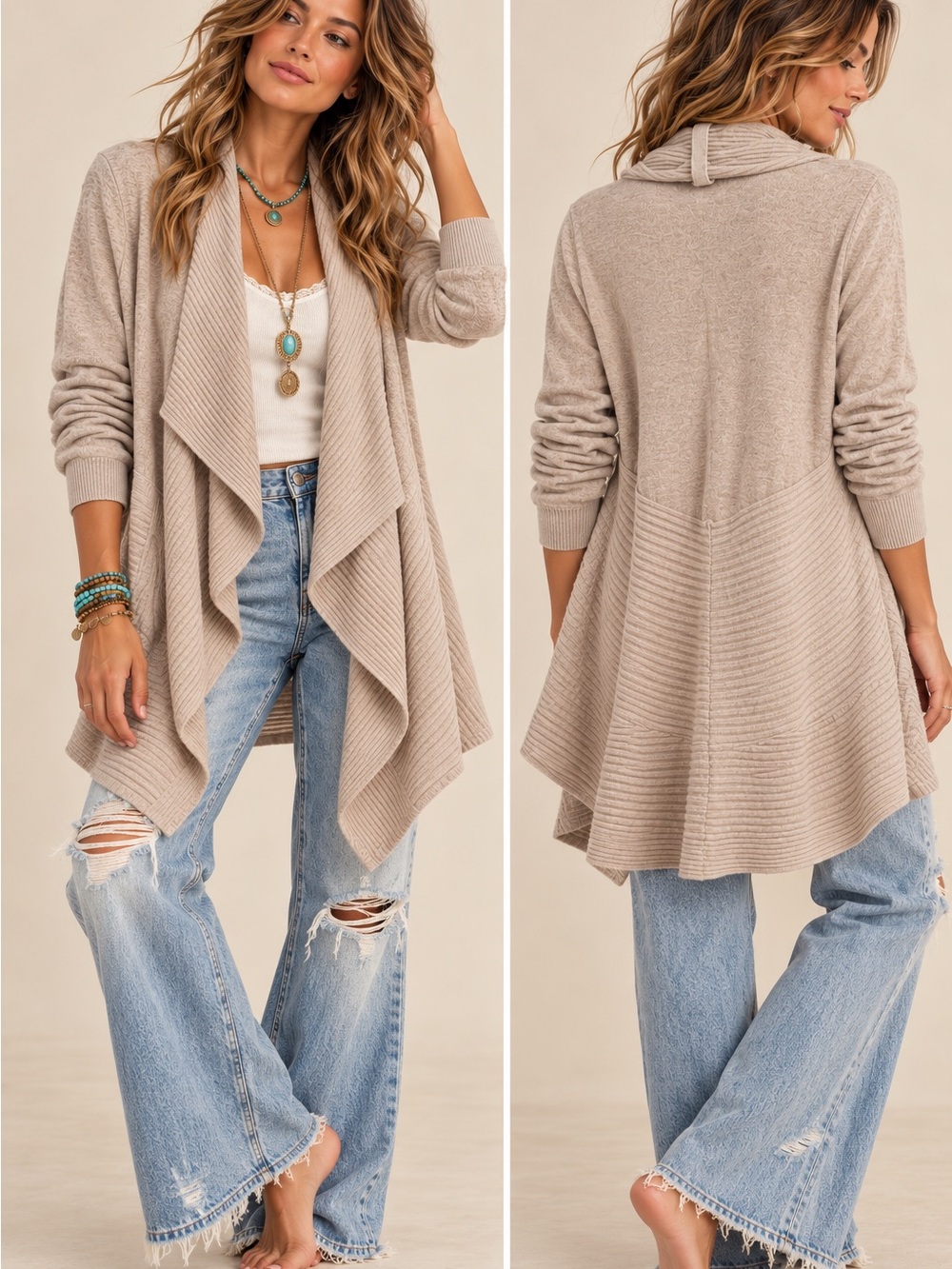 Beige Draped Open-Front Women's Sweater Cardigan